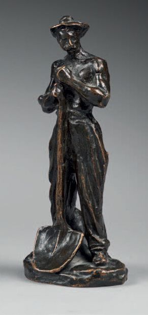 null Brown patina bronze figure of a digger after Jules Dalou; signed.
Early 20th...