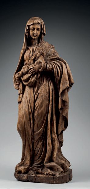 null Large figure of Virgin and Child in carved oak; (accidents and missing pieces;...
