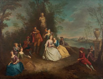 ECOLE FRANCAISE - Première moitié du XVIIIe siècle Concert dans un parc.
Huile sur...