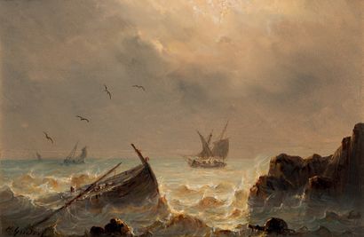 Henriette GUDIN (1825 - 1892) Shipwreck.
Oil on panel, signed lower left.
14 x 21...