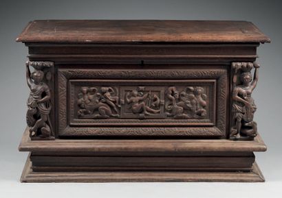 null Carved oak chest with caryatid uprights, the central panel decorated with Diana...