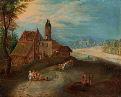 null BREUGHEL Jan dit de Velours (After).
1568 - 1625
Village entrance with peasants...