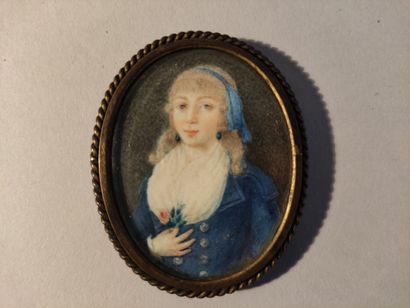 ECOLE FRANCAISE du XIXe siècle Portrait of a young girl with a blue headband, a rose...