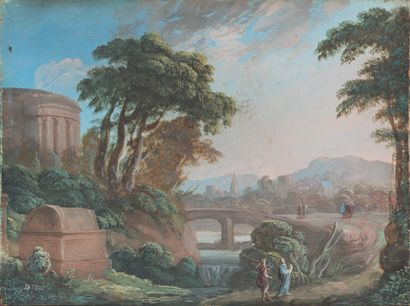PATEL Pierre - Antoine 1648 - 1708 Paysage à la rivière avec personnages en chemin...