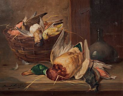 Alfred Arthur BRUNEL de NEUVILLE (1852 - 1941) Hunting basket.
Oil on canvas, signed...