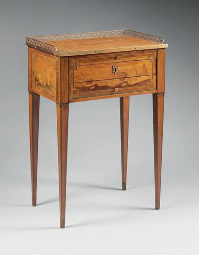 null Table in ustensil marquetry, the tilting top revealing a compartment, with two...