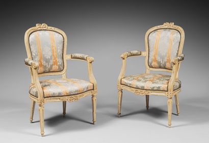 null Pair of painted beech armchairs with rounded cabriolet backs and ribbon knot...
