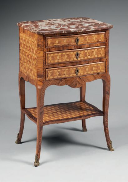 null Rosewood and marquetry table opening to three drawers, the Royal red marble...