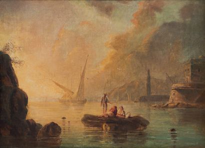 VERNET Claude Joseph (Dans le Goût de) 1714 - 1789 Seaside with sailboats and fishermen.
Oil...