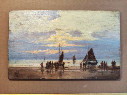Maurice PERRONNET (1877 - 1950) The return of the fishermen at sunset.
Oil on panel,...