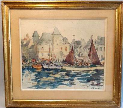 V. GUESDE Fishing boats in port.
Watercolor, signed lower right.
22.5 x 26.5 cm.