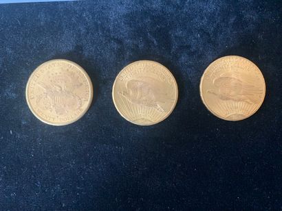 null Trois pièces d'or de 20 dollars (1885 ; 2x1928).
Poids: 100,30 gr
(Usures)