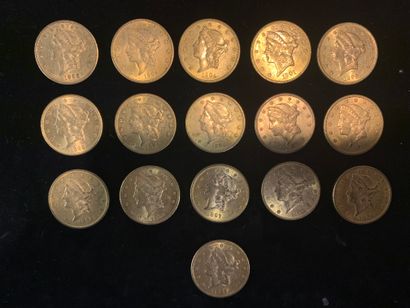 null Seize pièces d’or de 20 dollars (2x1889 ; 9x1892 ; 1893 ; 1894 ; 1895 ; 1896...