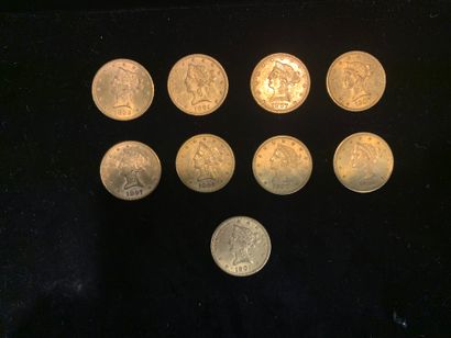 null Neuf pièces d’or de 10 dollars (1894 ; 3x1897 ; 1899 ; 1901 ; 1906 ; 2x1907)....