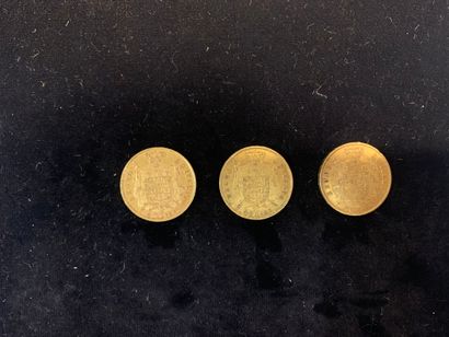 null Trois pièces d’or de 40 lires.
Poids : 38,5 gr. 
(Usures)