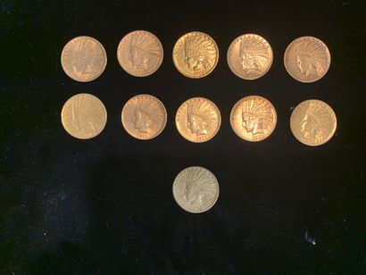 null Onze pièces d’or de 10 dollars (1908 ; 6x1910 ; 2x1911 ; 1914 ; 2x1916). 
Poids...