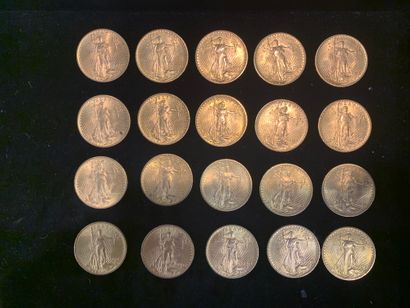 null Vingt pièces d’or de 20 dollars (1908).
Poids : 666,8 gr. 
(Usures)