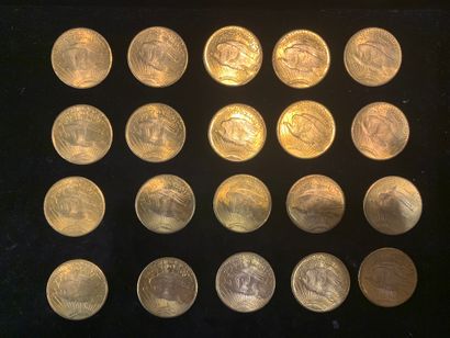 null Vingt pièces d’or de 20 dollars (15x1926 ; 5x1928).
Poids : 667,4 gr. 
(Usu...