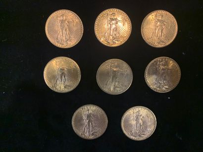 null Huit pièces d’or de 20 dollars (1909 ; 3x1923 ; 1925 ; 3x1927). 
Poids : 266,6...