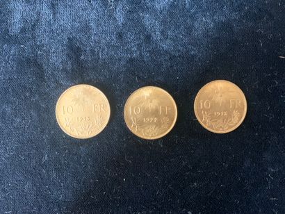 null Trois pièces d'or de 10 francs suisses. 
Poids: 9,68 gr.
(Usures)