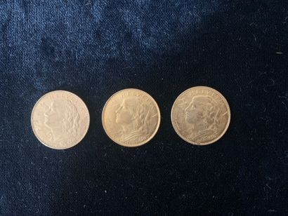 null Trois pièces d'or de 10 francs suisses. 
Poids: 9,68 gr.
(Usures)