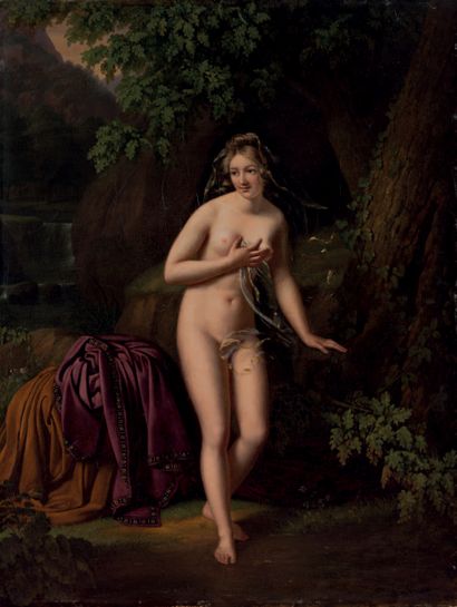 GIRODET Anne - Louis (Ecole de). 1767 - 1804 Jeune femme au bain à l'ombre d'un chêne.
Huile...