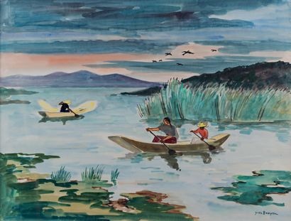 Yves BRAYER (1907 - 1990) Mexique barques sur le lac de Patzcuaro.
Aquarelle, signée...