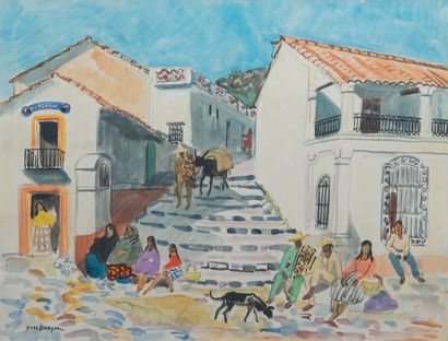 Yves BRAYER (1907 - 1990) Rue en escalier à Taxco, Mexique, 1963.
Aquarelle, signée...