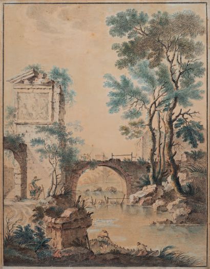 ECOLE FRANCAISE Dernier Tiers du XVIIIe siècle Paysage au cours d'eau, au pont et...