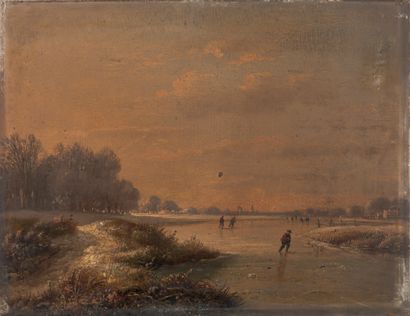 VERWEE Louis Pierre. Courtrai 1807 - Bruxelles 1877 Patineurs sur un canal gelé.
Huile...