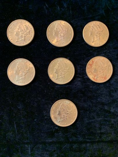 null Sept pièces d'or de vingt dollars Liberty (1874, 1897, 1900, 4 x 1904)
Poids:...