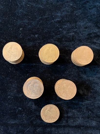 null Vingt-cinq pièces d'or de vingt francs (11 Génie, 4 Lauré, 4 barbiche, 3 Cérès,...