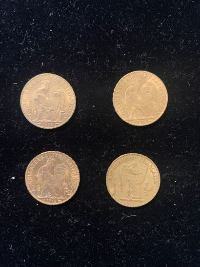 null Quatre pièces d'or de vingt francs (trois coqs, un génie)
Poids : 25,78 g.
...