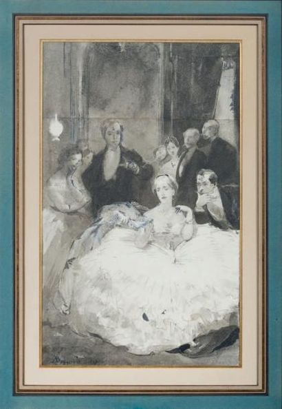 Albert BESNARD (1849-1934) Au salon, 1887 Lavis d'encre rehaussé de gouache blanche,...