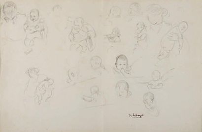 Henri LEBASQUE (1865 - 1937) Étude de bébés Dessin au crayon noir, porte le timbre...