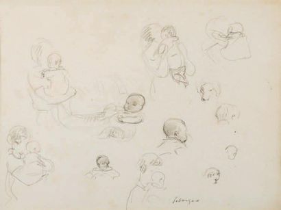 Henri LEBASQUE (1865 - 1937) Étude de bébés et de chien Dessin au crayon noir, signé...