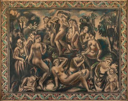 Léon Ernest Drivier 1878-1951 Baigneuses Projet de tapisserie Fusain et pastel, signé...