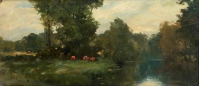 Henry Moore 1831-1895 Troupeau près de la rivière, 1881 Huile sur papier contrecollé...