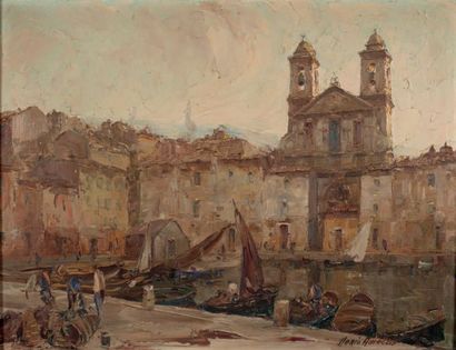 Mério Améglio (1897 -1970) Bastia, le port devant l'église Saint-Jean Huile sur toile,...