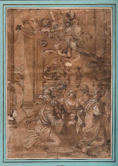 Ecole italienne du XVIIe siècle La Naissance de la Vierge. Plume, encre brune, lavis...