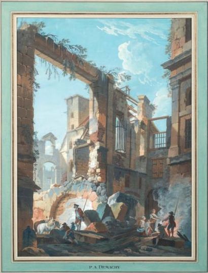 Pierre-Antoine DEMACHY (Paris 1723-1807) Soldats et blanchisseuse dans des ruines...