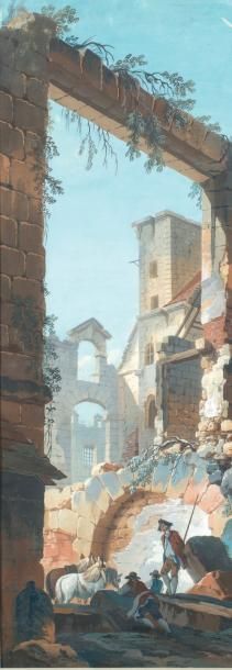 Pierre-Antoine DEMACHY (Paris 1723-1807) Soldats et blanchisseuse dans des ruines...