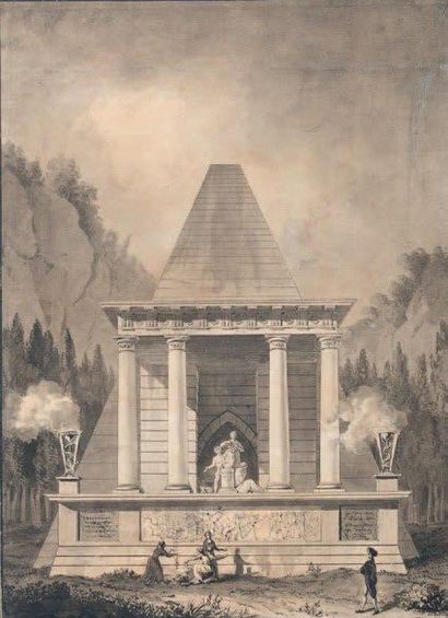 École FRANÇAISE vers 1790 Projet de temple patriotique Médaillon avec le profil du...