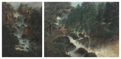 ÉCOLE FRANÇAISE ou SUISSE vers 1800 1- Vue présumée des cascades de Tivoli Gouache...