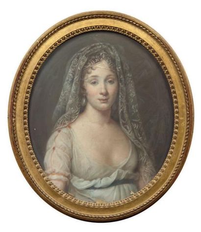 Ecole FRANCAISE vers 1800 Portrait de femme en buste coiffée d'un voile brodé Pastel...