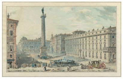 ÉCOLE ITALIENNE (Suite du XVIIIe siècle) Carrosse et promeneurs dans Rome aux abords...
