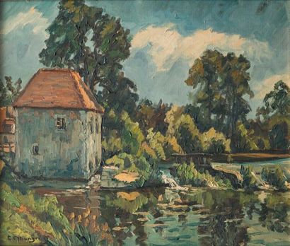Emile MANGENOT (1910-1991) Le moulin. Huile sur toile, signée en bas à gauche. 46...