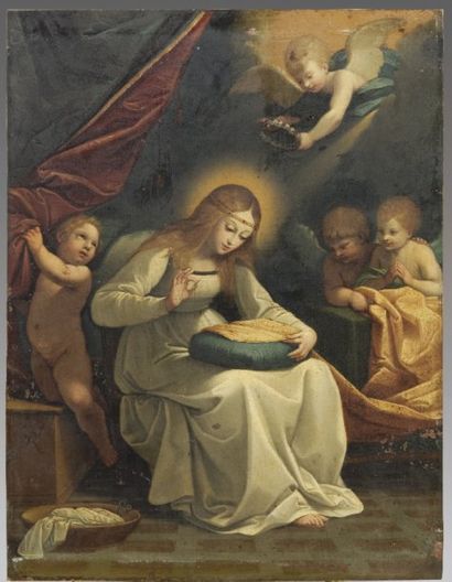Guido RENI (Calvenzano 1575 - Bologne 1642) La Vierge brodant Cuivre 28,5 x 21 cm...