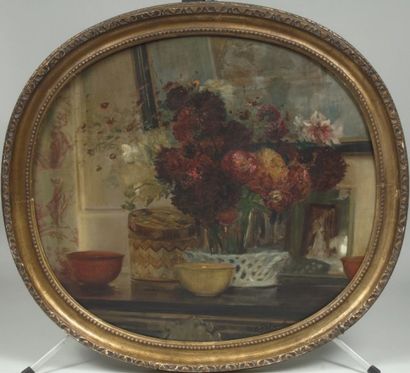 Jacques Émile BLANCHE 1861-1942 Intérieur au bouquet de fl eurs Huile sur toile de...