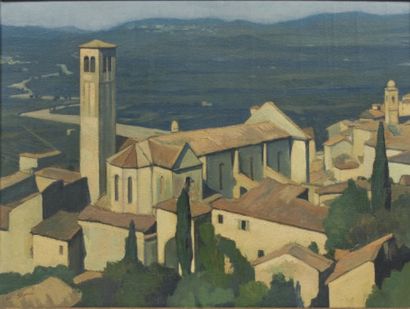 André STRAUSS 1885-1971 Paysage aux deux clochers Huile sur toile, signée en bas...